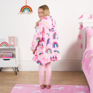 Kids Unicorn & Rainbow Kingdom Print Hoodie Blanket – Pink, London Design, Winter Warm Unisex Wear for Children  Hoodie  for Cold - Image 8