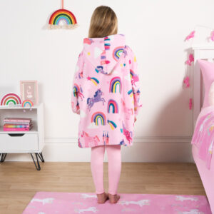 Kids Unicorn & Rainbow Kingdom Print Hoodie Blanket – Pink, London Design, Winter Warm Unisex Wear for Children  Hoodie  for Cold - Image 9