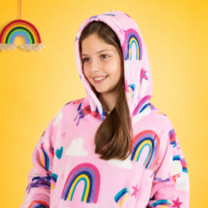 Kids Unicorn & Rainbow Kingdom Print Hoodie Blanket – Pink, London Design, Winter Warm Unisex Wear for Children  Hoodie  for Cold - Image 6