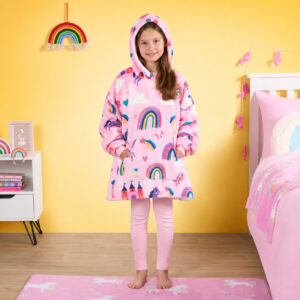 Kids Unicorn & Rainbow Kingdom Print Hoodie Blanket – Pink, London Design, Winter Warm Unisex Wear for Children  Hoodie  for Cold - Image 5