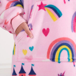 Kids Unicorn & Rainbow Kingdom Print Hoodie Blanket – Pink, London Design, Winter Warm Unisex Wear for Children  Hoodie  for Cold - Image 7