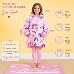 Kids Unicorn & Rainbow Kingdom Print Hoodie Blanket – Pink, London Design, Winter Warm Unisex Wear for Children  Hoodie  for Cold - Image 4