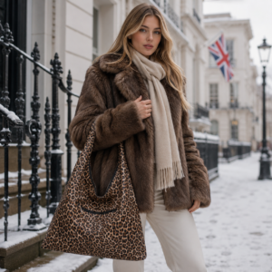 Leopard Print Shoulder Bag Tote Bag Long Carry with Zip Design- Light Brown Color