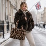 Leopard Print Faux Fur Design Shoulder Bag, Tote Bag with Top Handles and Flat Strap for Ladies and Grils