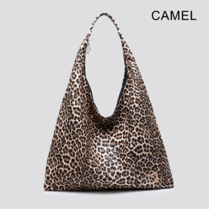 Leopard Print Shoulder Bag Tote Bag Long Carry with Zip Design- Light Brown Color - Image 9