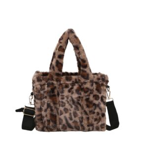 Leopard Print Faux Fur Design Shoulder Bag, Tote Bag with Top Handles and Flat Strap for Ladies and Grils - Image 7