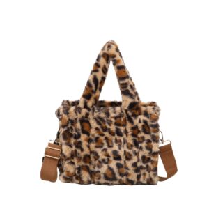 Leopard Print Faux Fur Design Shoulder Bag, Tote Bag with Top Handles and Flat Strap for Ladies and Grils - Image 3