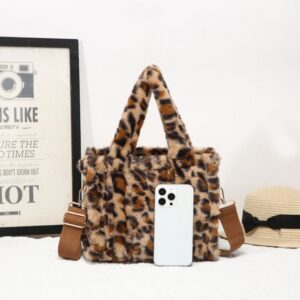 Leopard Print Faux Fur Design Shoulder Bag, Tote Bag with Top Handles and Flat Strap for Ladies and Grils - Image 9