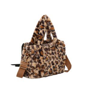 Leopard Print Faux Fur Design Shoulder Bag, Tote Bag with Top Handles and Flat Strap for Ladies and Grils - Image 2