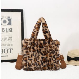 Leopard Print Faux Fur Design Shoulder Bag, Tote Bag with Top Handles and Flat Strap for Ladies and Grils - Image 10